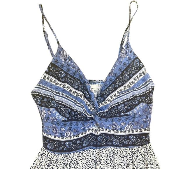 Japna Blue/navy/white Patterned rayon sundress smocked back front cutout small - Picture 7 of 12